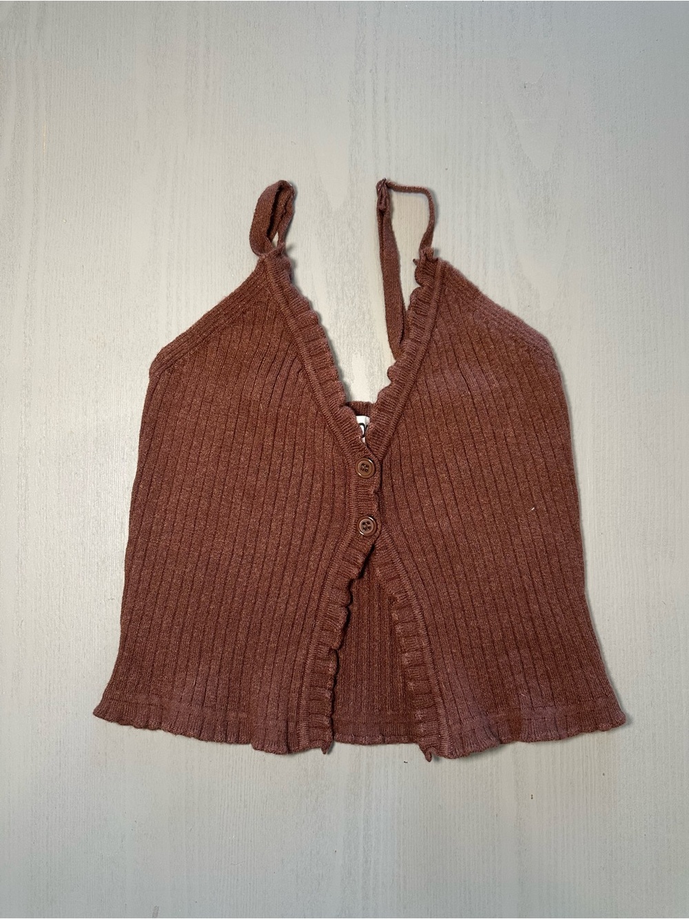 Ribbed Ruffle-Trim Button Front Tank - Rust Brown